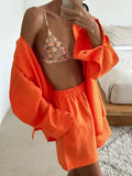 Women's Casual Shorts Sets 100% Cotton Solid Color Cozy Lapel - Norellé