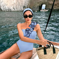 Women One Shoulder Ruffle Stripe Print Swimwear And Skirt Suit - Norellé