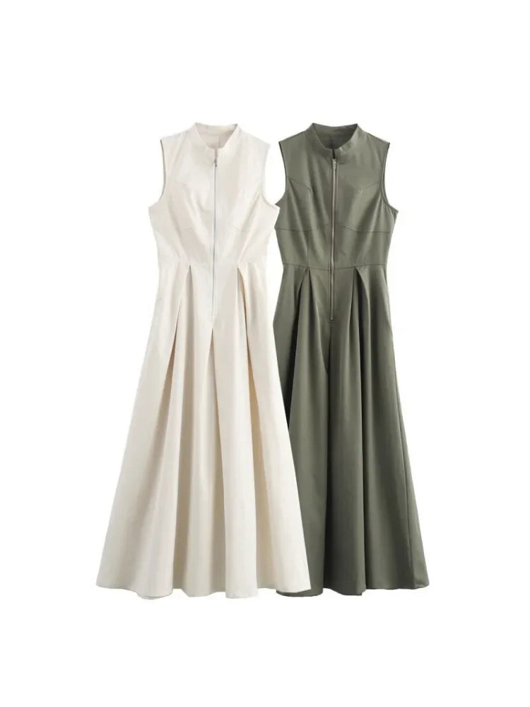 Women Fashion Round Collar Sleeveless Pleated Slim Elegant Dress - Norellé