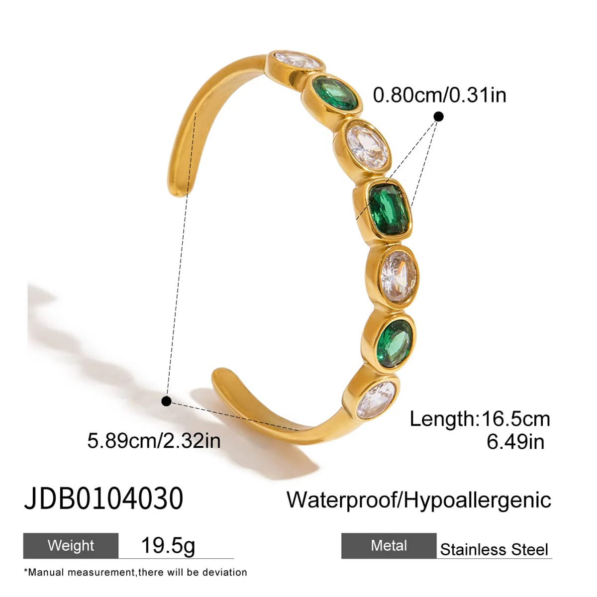 Gold Color Plated Stainless Steel White Green Zircon Bracelet