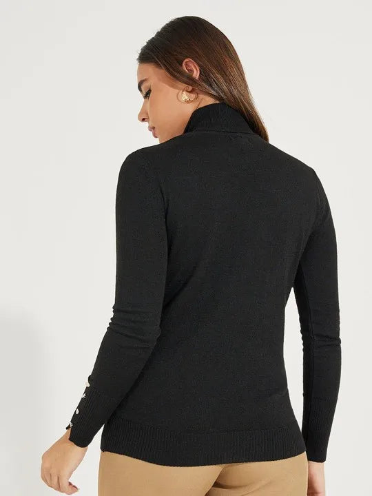 Women’s Cropped Basic Turtleneck Sweater Long Sleeves with Buttons