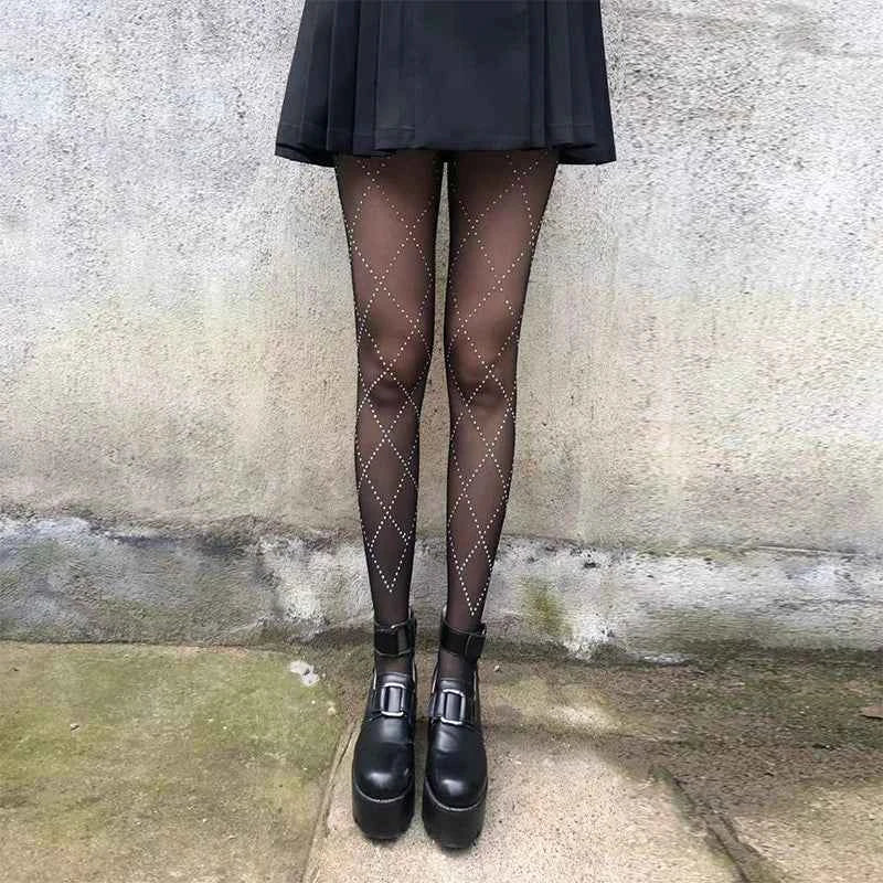 Pantyhose Women Rhinestone Plaid Slim Stockings