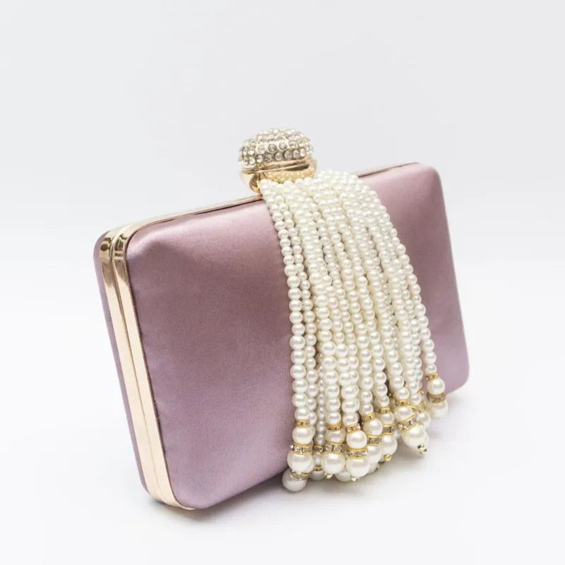 Women Pearl Tassel Satin Evening Bag