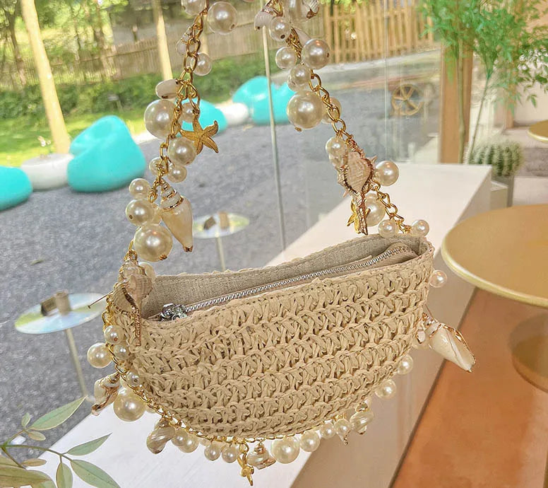 Pearl Straw Woven Women’s Crossbody Bag