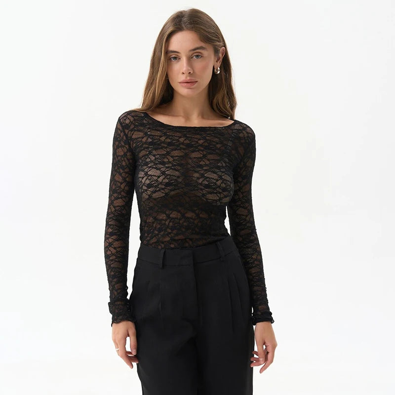 Lace Women'S Tops Hollow Out Basic Casual Elegant Long Sleeve - Norellé