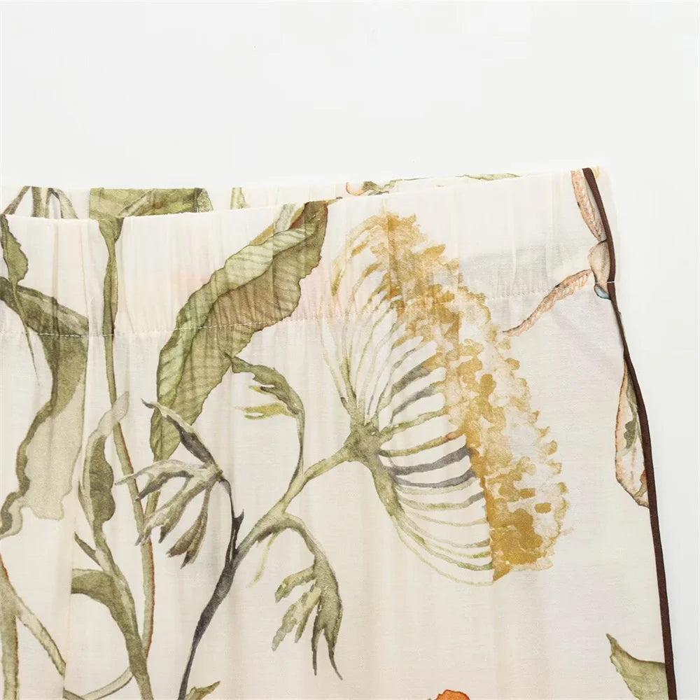 Women’s Floral Pattern Shirt With Rolled Edge Design Long Pants