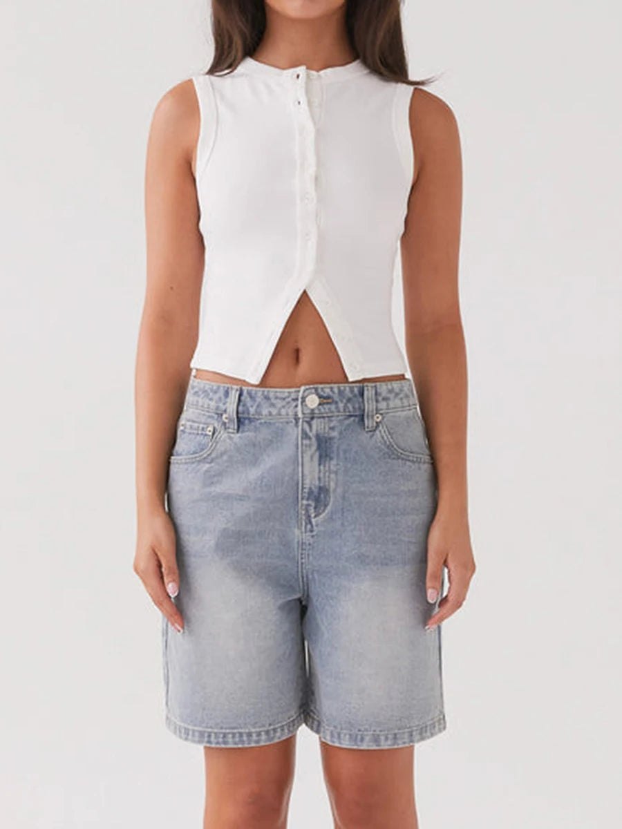 Vintage Ribbed Women Button Tank Top