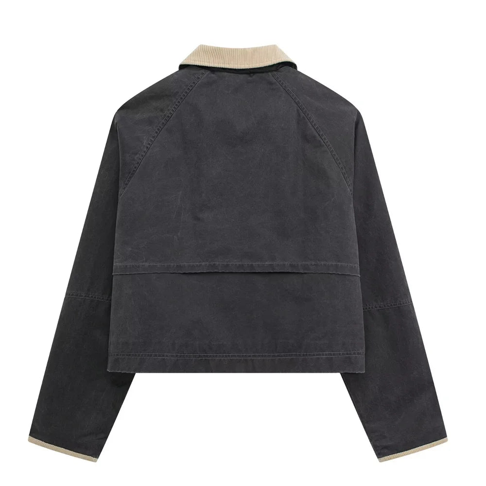 Women's Street Style American Contrasting Polo Collar Waxed Leather Jacket