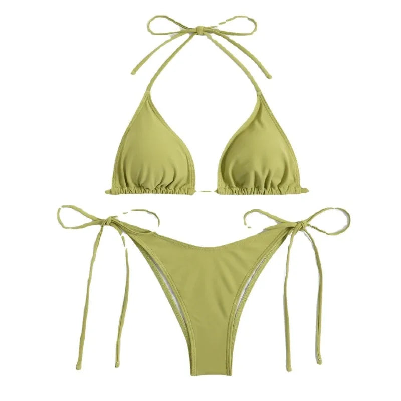 Women Thong Solid Color Bikini Set Side Halter Tie Swimsuit - Norellé