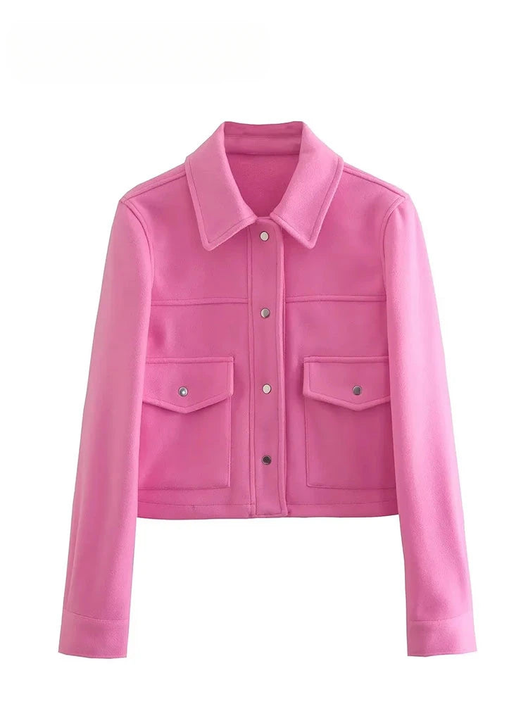 Einfarbige Jacke mit langen Ärmeln und Fronttaschen 