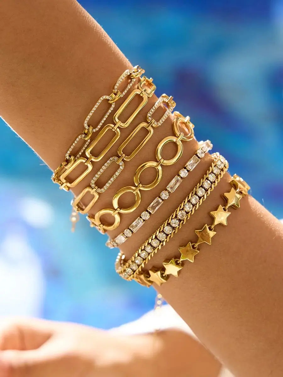 Stainless Steel White Rhinestone Paper Clip Hollow Bracelet