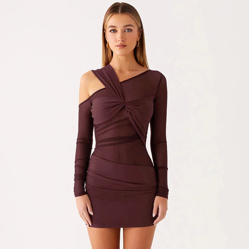 Inclined Shoulder Long Sleeve Mini Dress Women