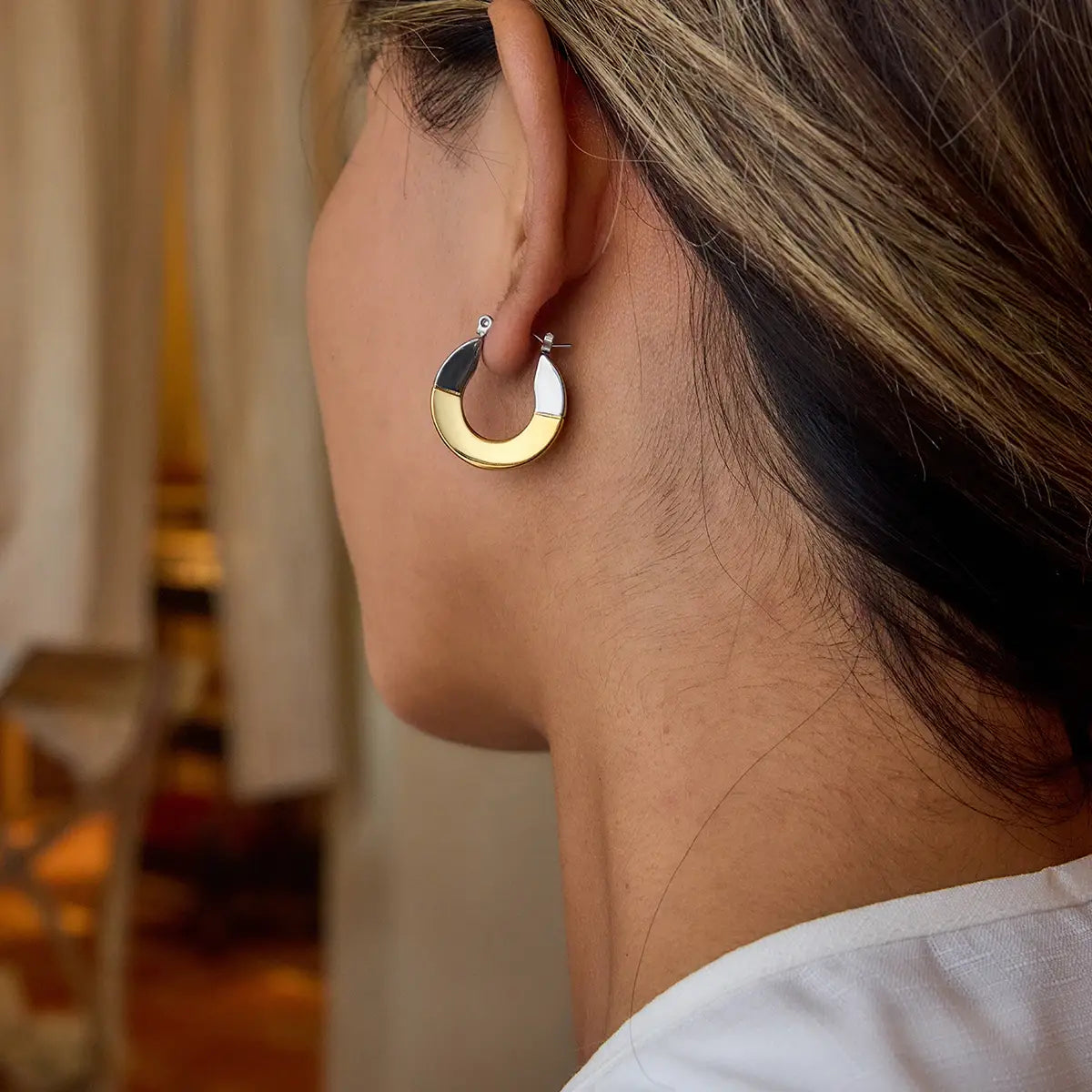 Gold Color Plated Stainless Steel Two tone Geometric Smooth Earrings