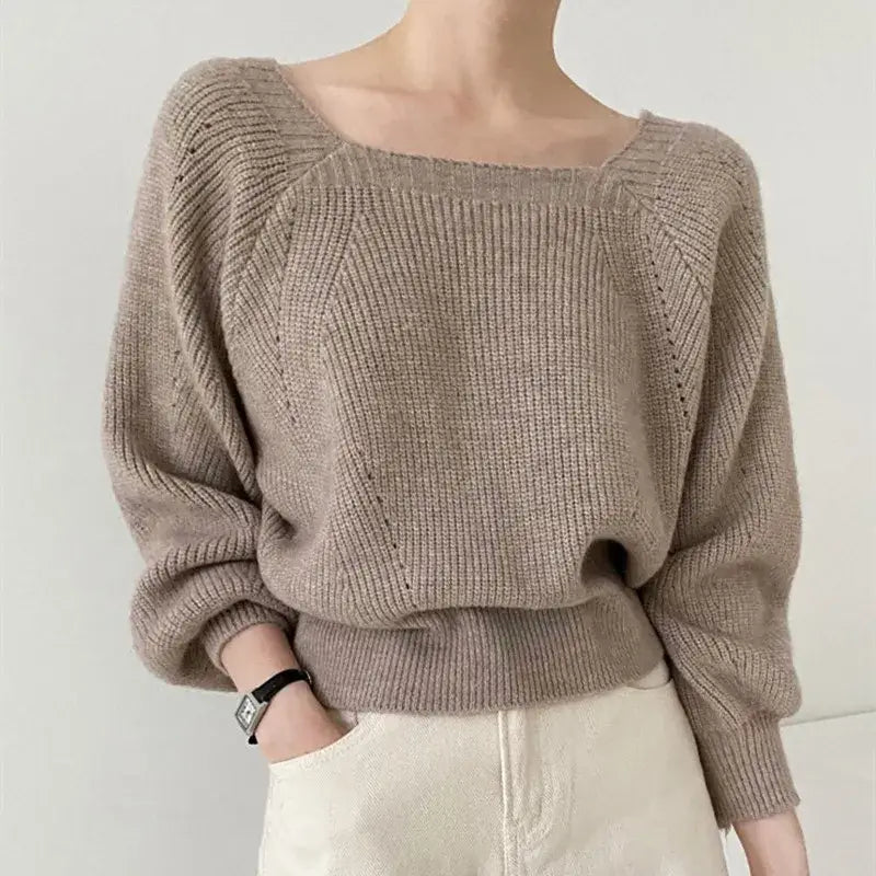 Elegant Square Neck Retro Casual Women Knitted Sweater