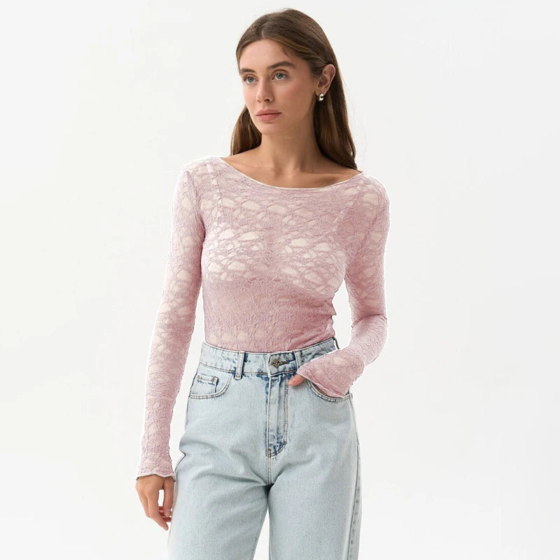 Lace Women'S Tops Hollow Out Basic Casual Elegant Long Sleeve - Norellé