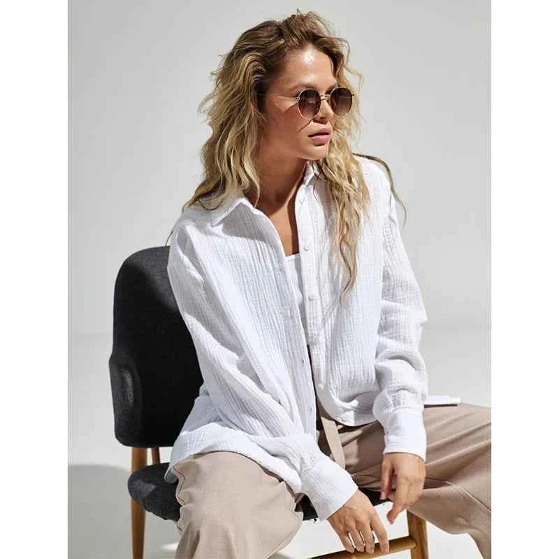 100% Cotton Solid White Shirt For Women