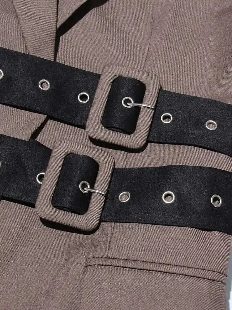 Solid Temperament Jacket Spliced Belt Blazer Women