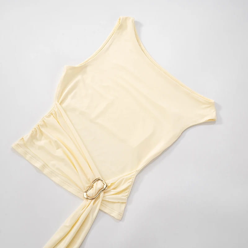 Women’S Solid Color Slant Shoulder Sleeveless Metal Button Short Dress Set