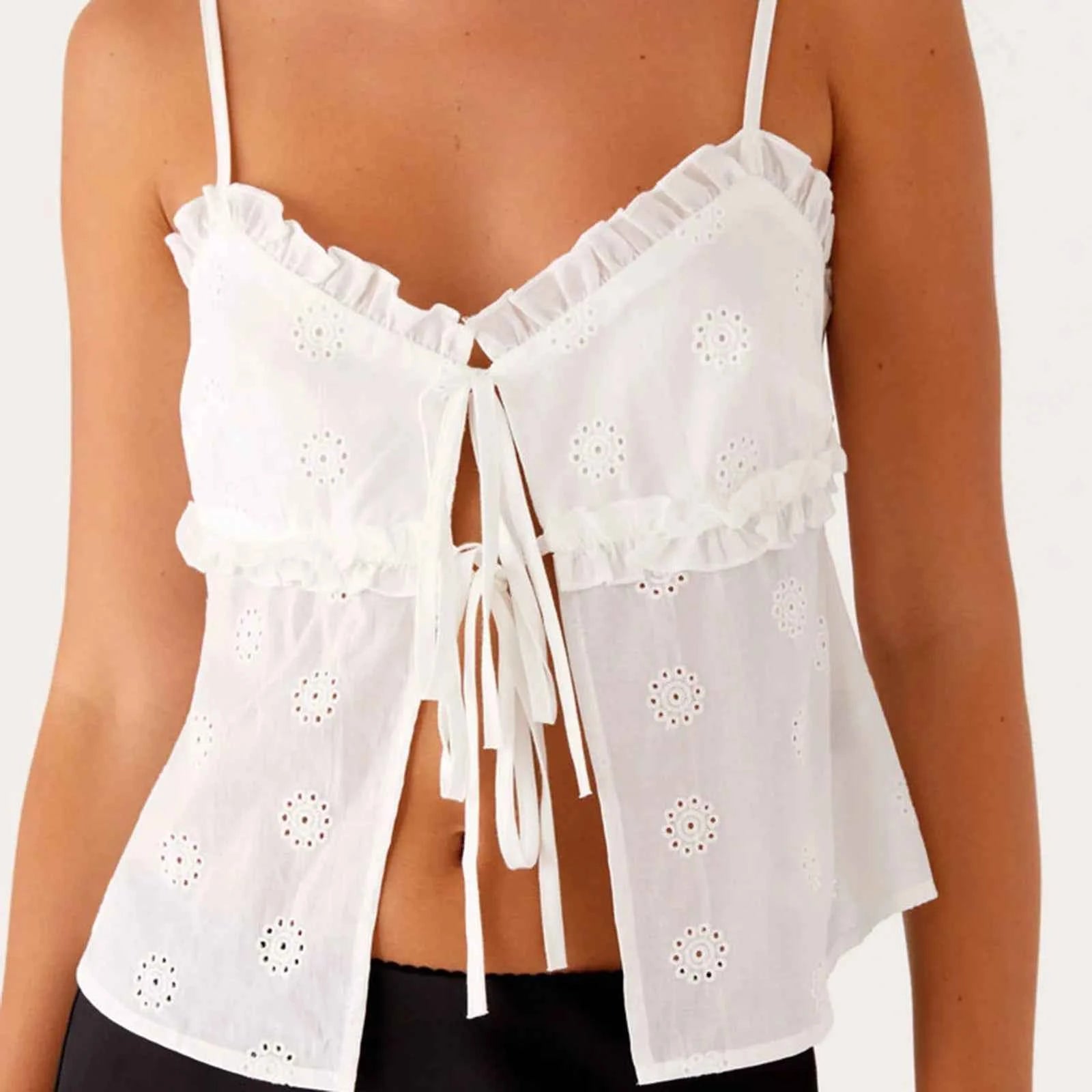 Women Cutout Eyelet Ruffle Tie Front Spaghetti Straps Tank Top