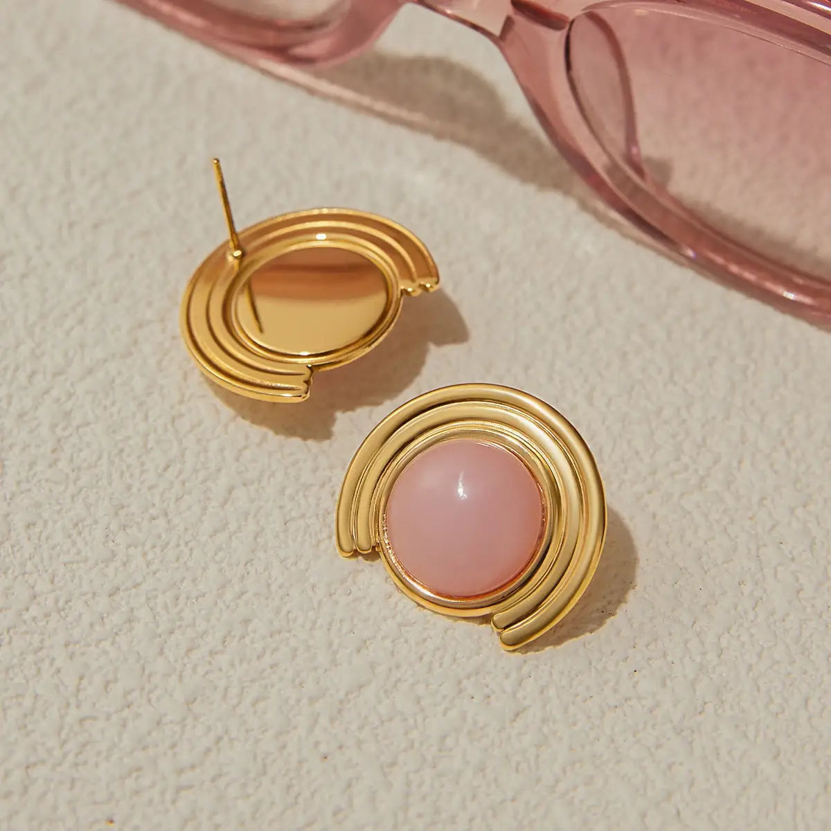 Pink Natural Stone Ribbed Earrings Stainless Steel