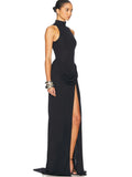 High Slit Turtleneck Women Maxi Dress White Sleeveless High Waist Dress - Norellé
