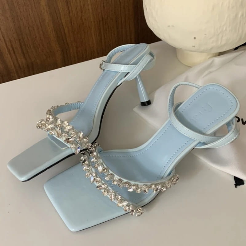 Rhinestone Ankle Strap Women Sandals High Quality Square Toe