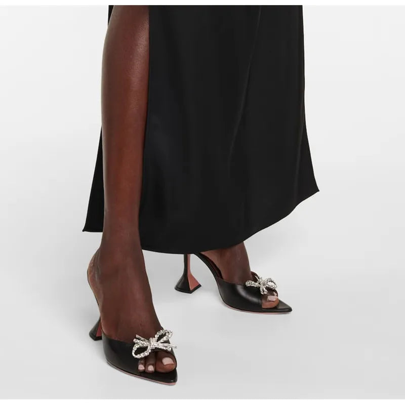 Black PU Leather Crystal Bowknot Women Slippers Sandals