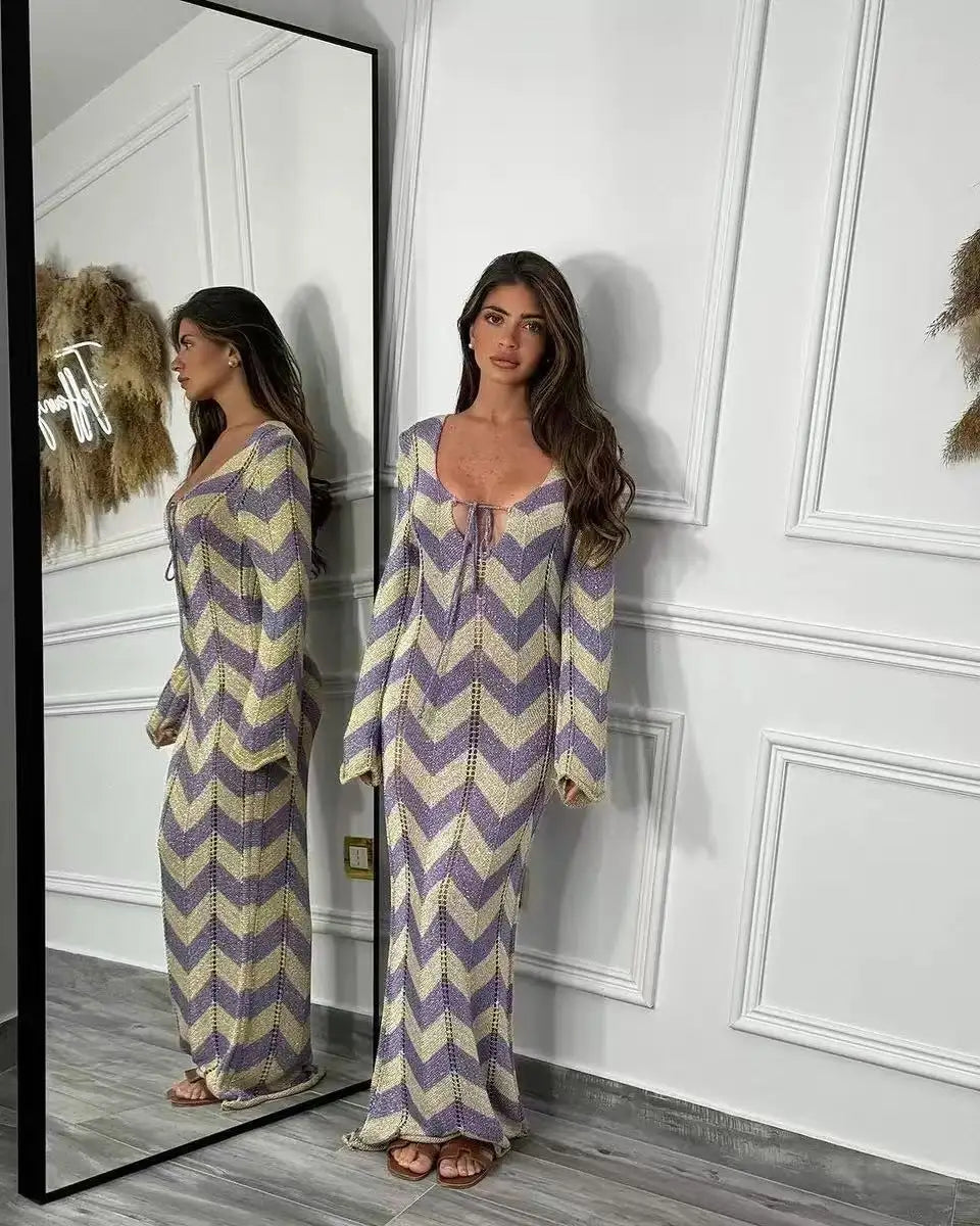 Striped Knitted Hollow Out Maxi Dress Women - Norellé