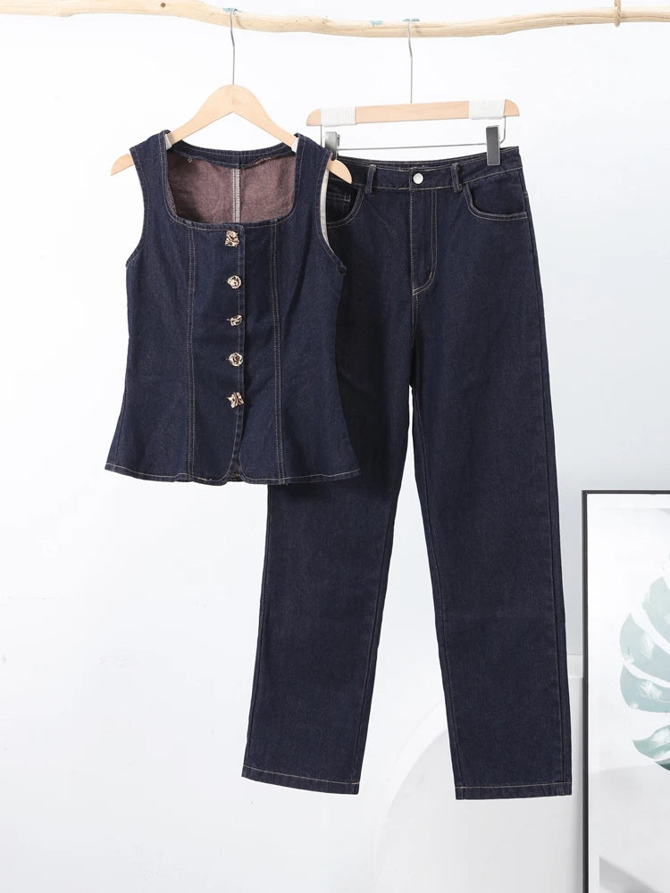 Vintage Women's Denim Sleeveless Set Crop Top With Chic Buttons - Norellé