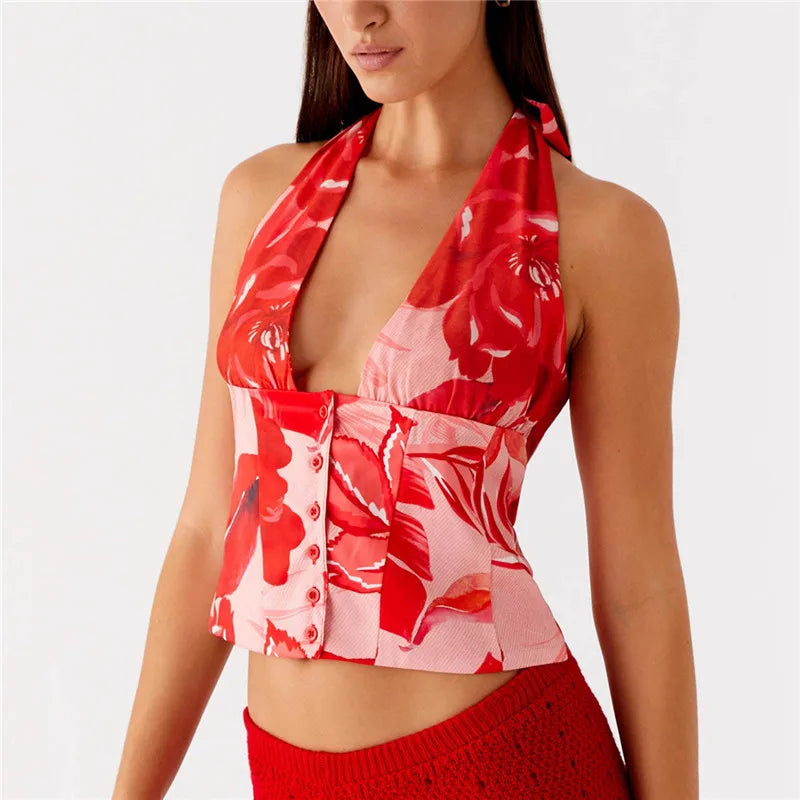 Women’s Halter Crop Top Deep V Neck