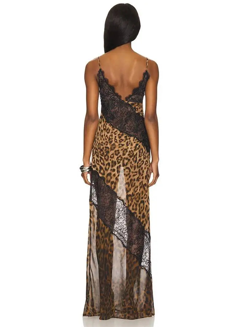 Leopard Print Spaghetti Strap Maxi Dress Women