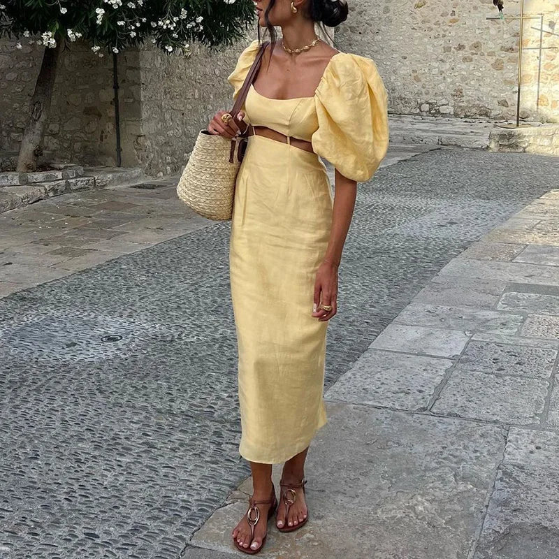 Yellow Puff Sleeve Hollow A-line Dress - Norellé