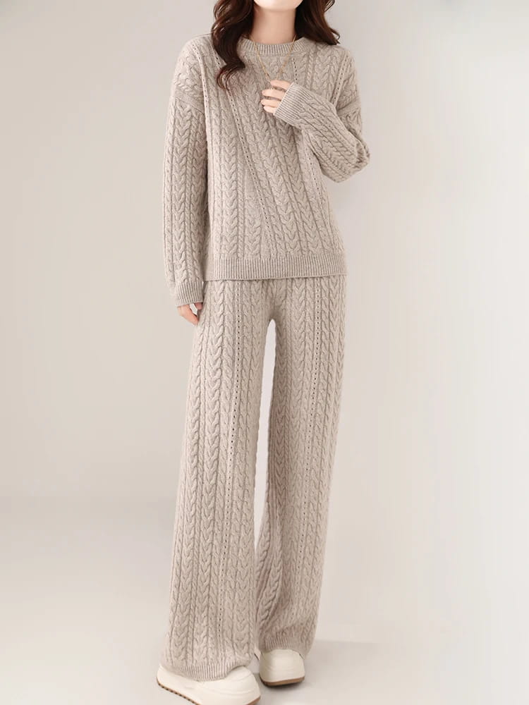 100% Wool Suit Women’s Pullover Sweater Knitting O-neck Wide Leg Pant
