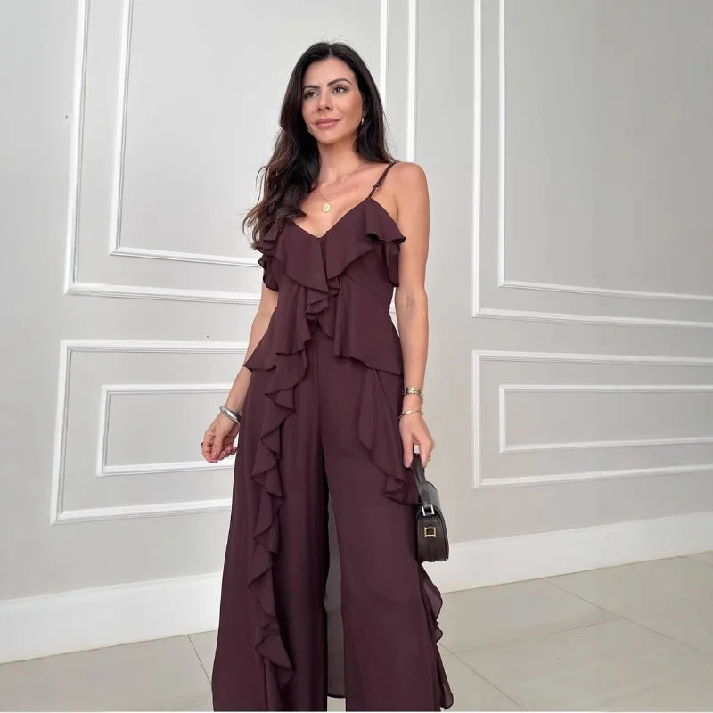 V Neck Ruffle Long Hem Slip Vest Loose Straight Pants Set