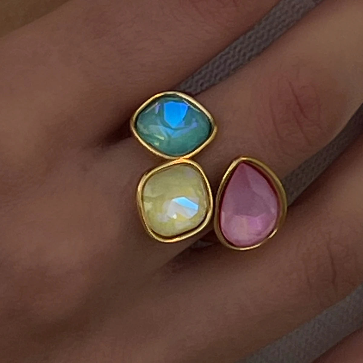 Stainless Steel Pink Green Yellow Cubic Zirconia Adjustable Open Ring