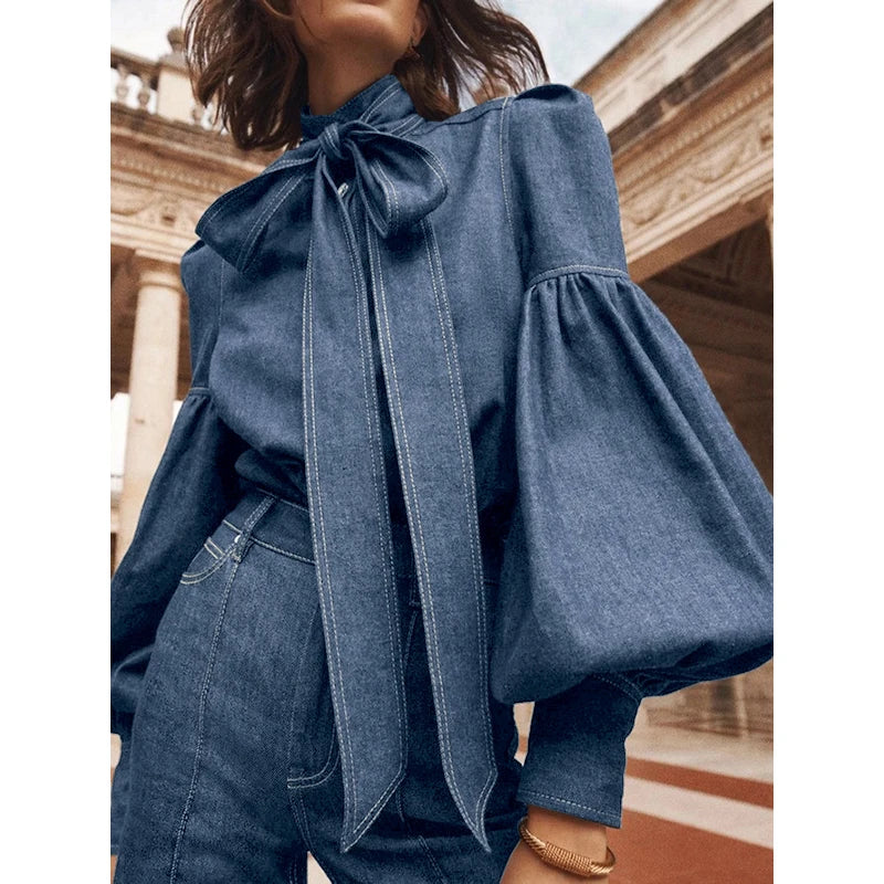 Trendy Imitation Denim Blouse Tops for Women Long Puff - Norellé