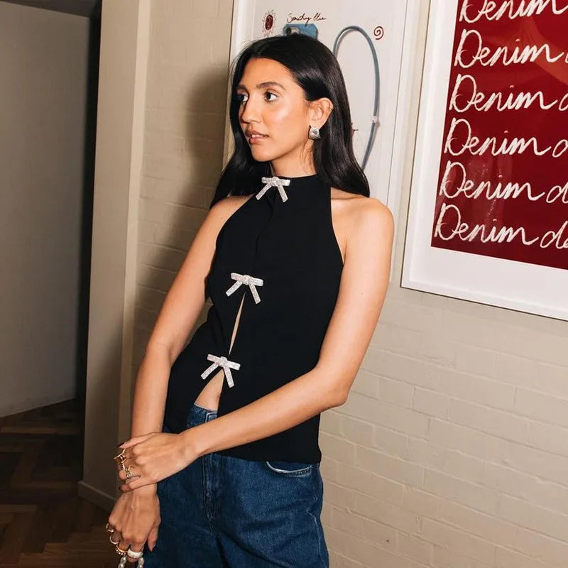 Jewelry Bow Cut Out Lace Up Crop Top