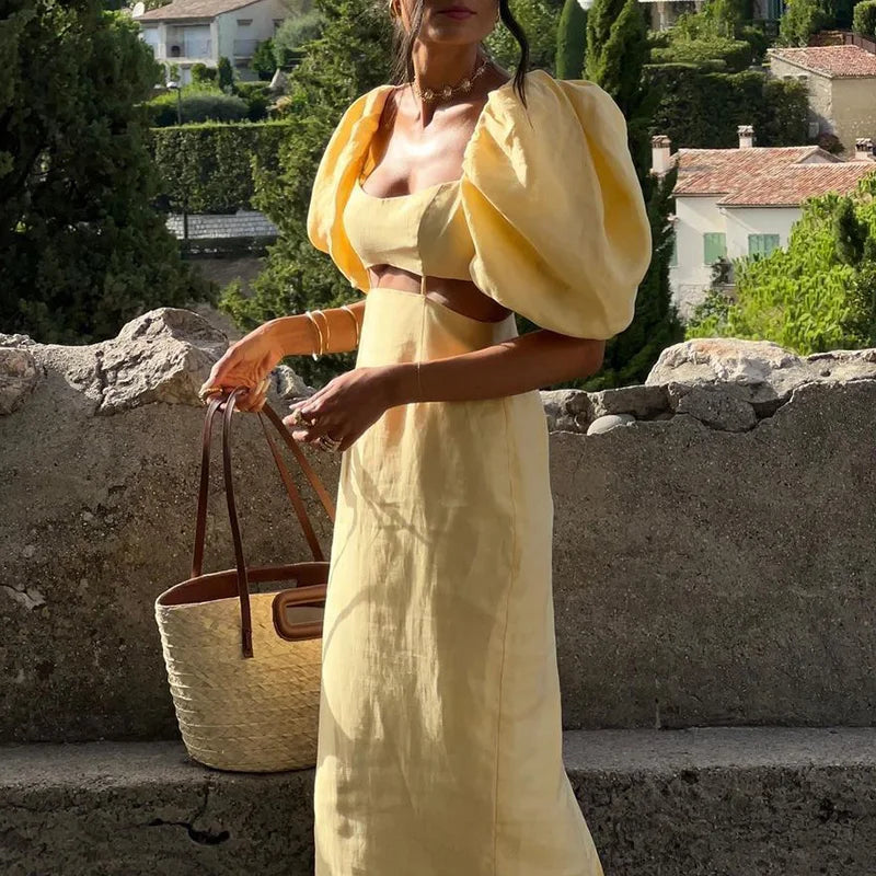 Yellow Puff Sleeve Hollow A-line Dress - Norellé