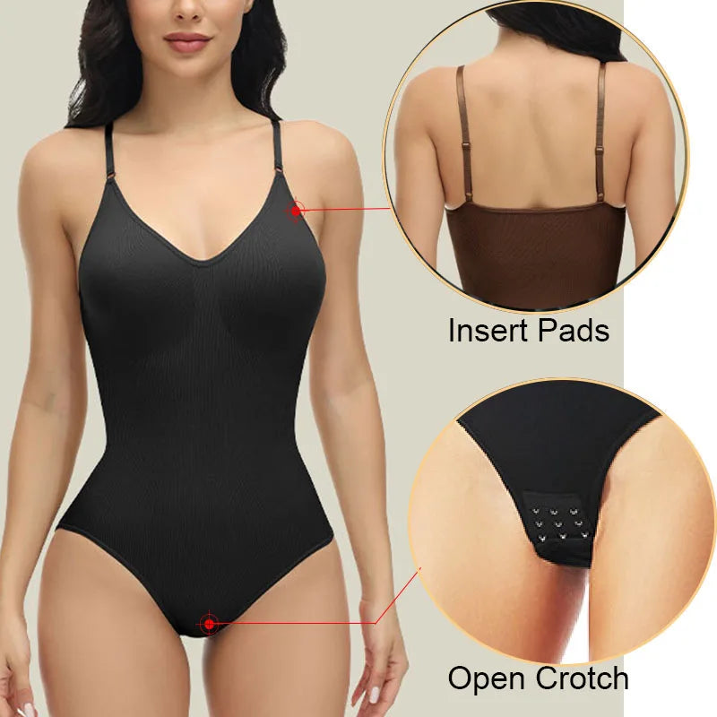 V Neck Spaghetti Strap Bodysuit Compression Body Suits