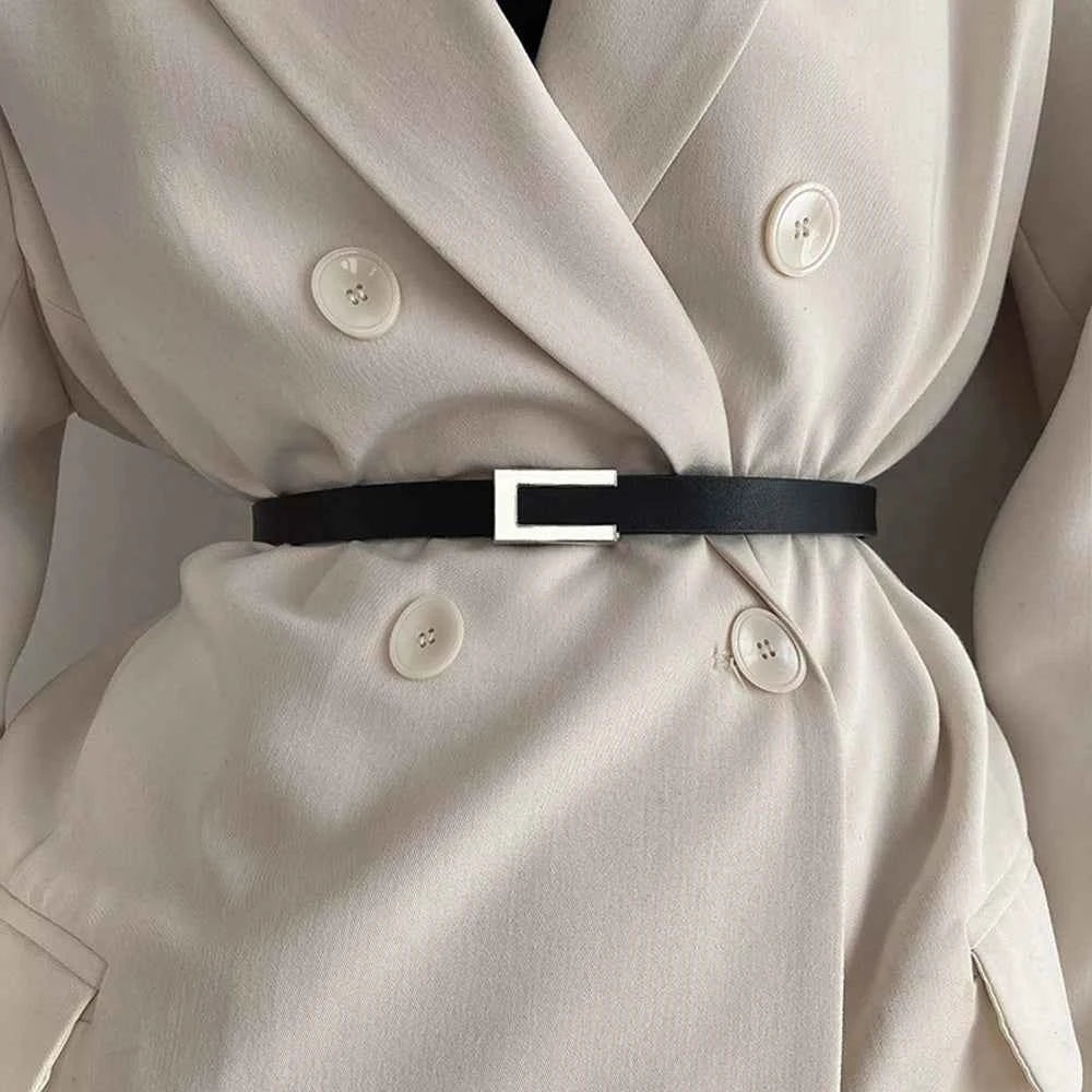 Women Thin Belt Black Gold Silver Metal Buckle Belt