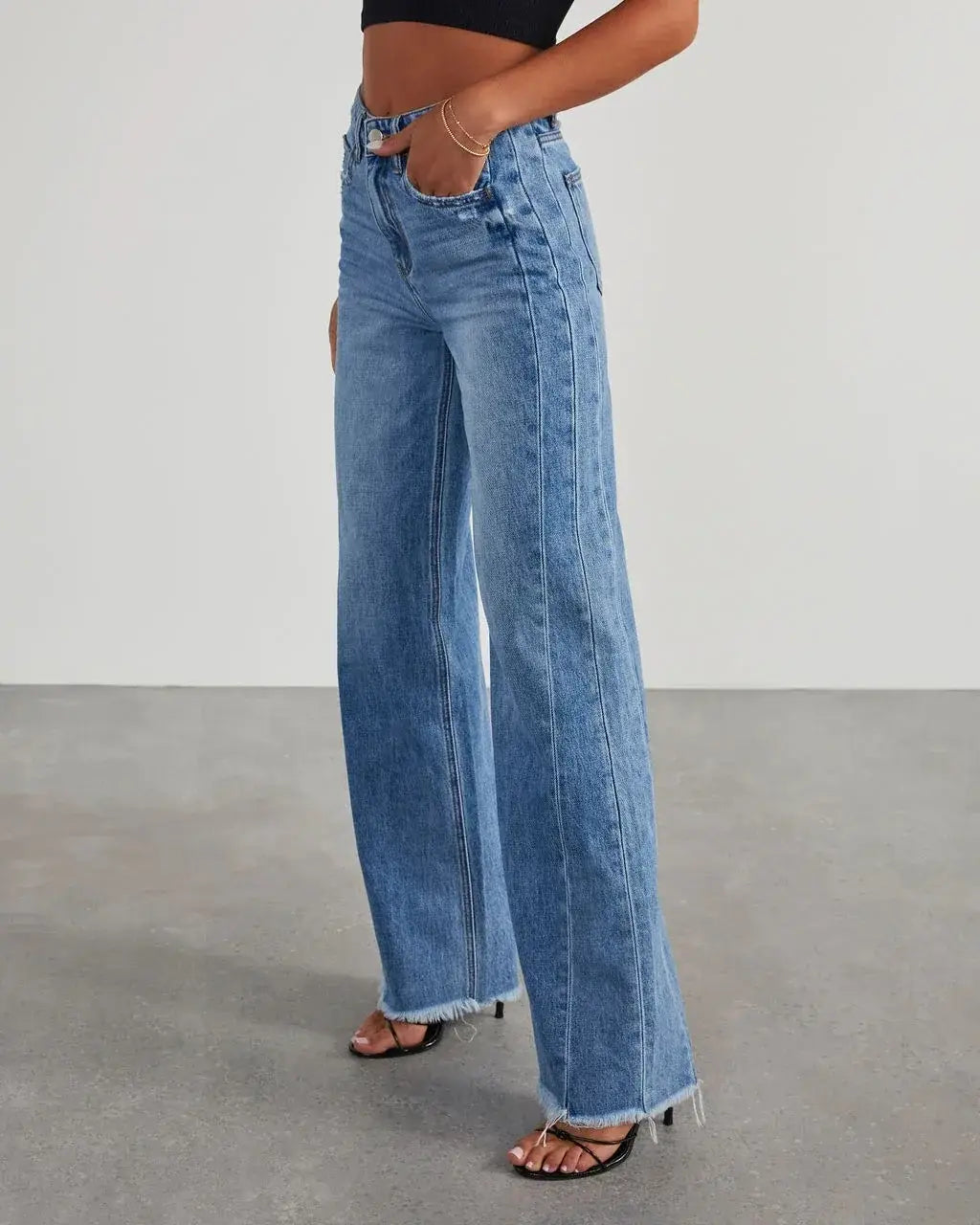 Women’s Loose Wide Leg Side Seam Stitching Frayed Hem Jeans