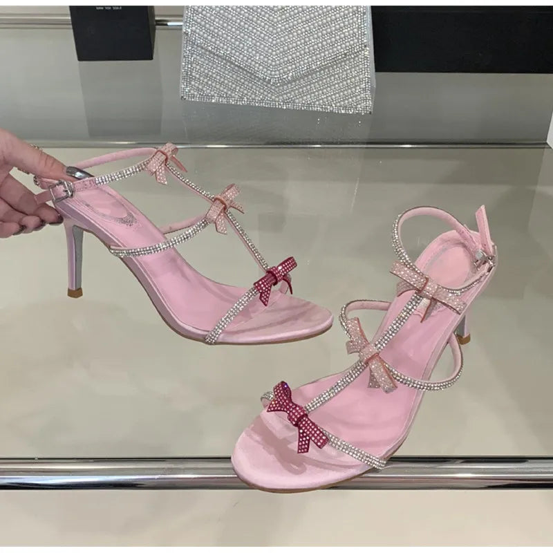 Sweet Pink Bowknot Rhinestones T-Strap Women Gladiator Sandals