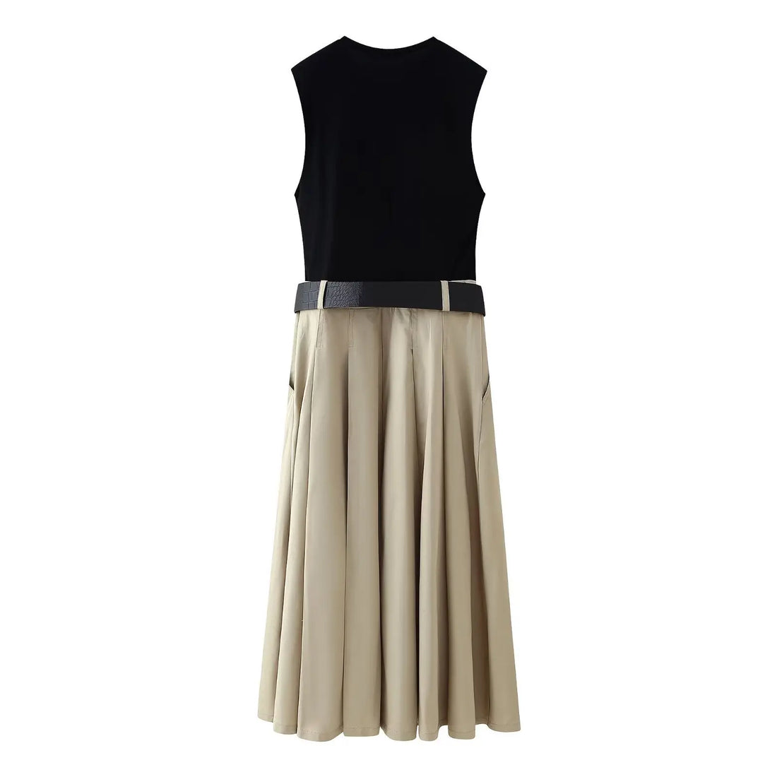 Women's High Waist Pleated Dress with Belt