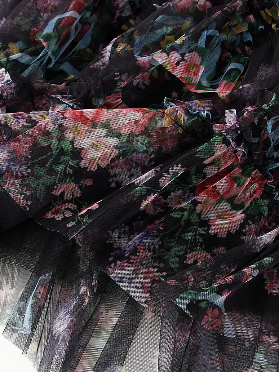 Floral Print Ruffle Mesh Skirt Women