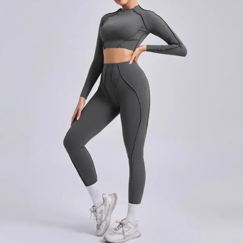 Seamless Sets Sports Fitness Hip-lifting High Waist Pleated Pants Long-sleeved Suits Workout