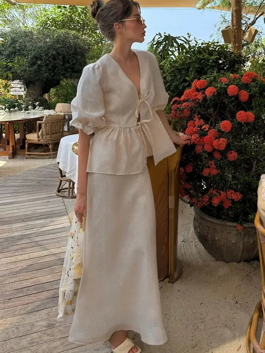 Dress Sets V-neck Lace-up Shirt Blouse A-line Long Skirt Suit