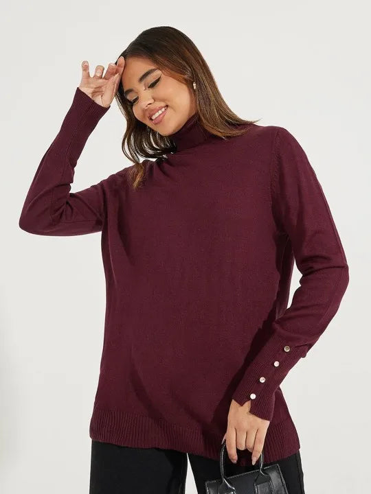Women’s Cropped Basic Turtleneck Sweater Long Sleeves with Buttons
