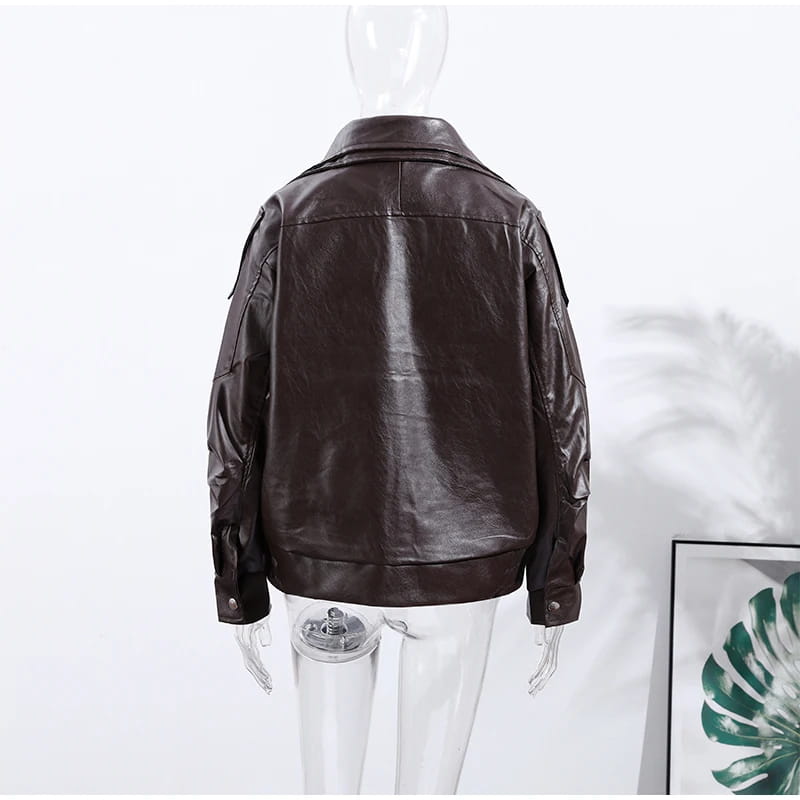 Retro PU Leather Stand Collar Jacket Women