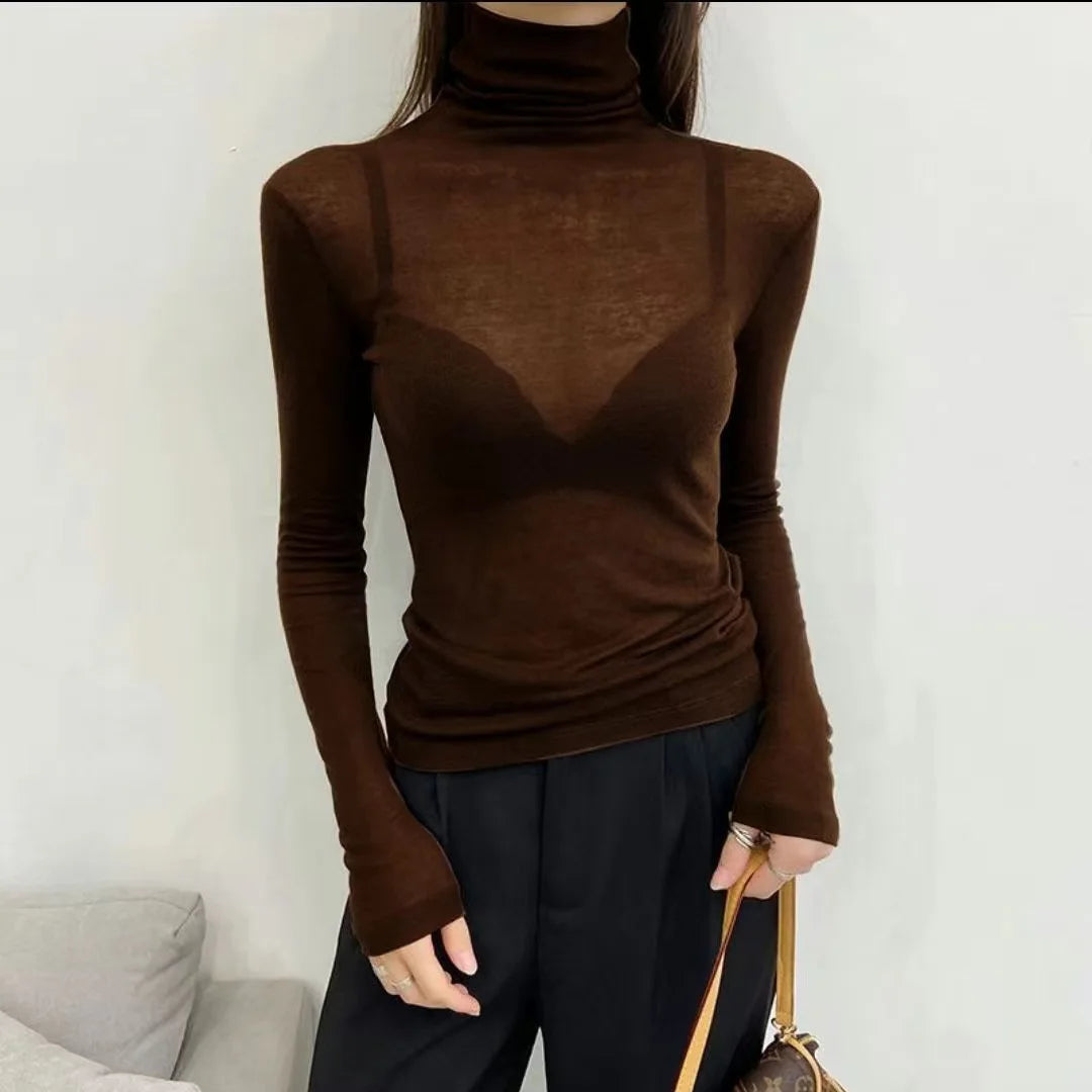 Turtleneck Slim High Quality Plain T Shirt Women