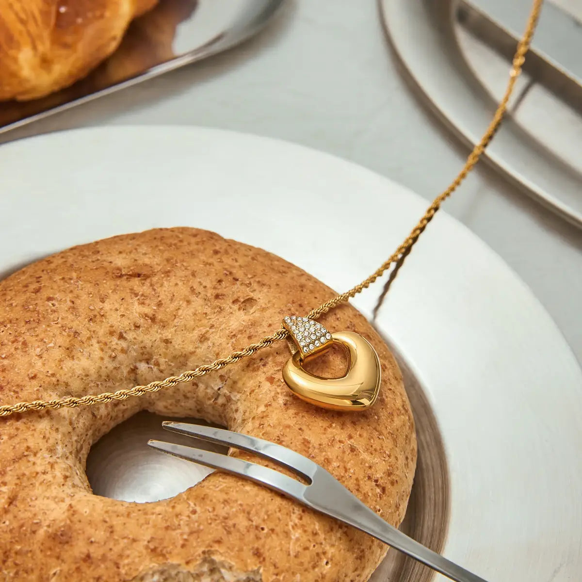 Stainless Steel Rhinestone Heart Hollow Pendant Necklace